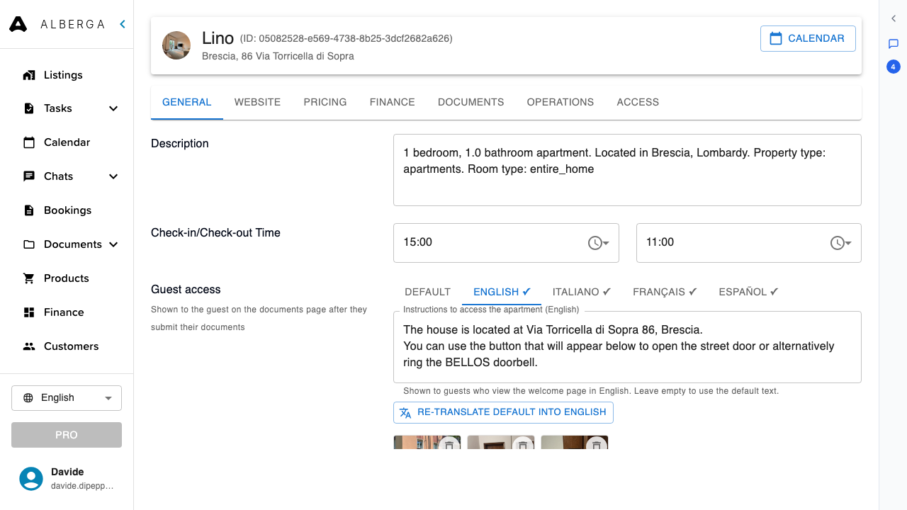 The Guest access section of a listing with Default, English, Italiano, Français and Español tabs over the instructions text, a translate button and three entrance photos