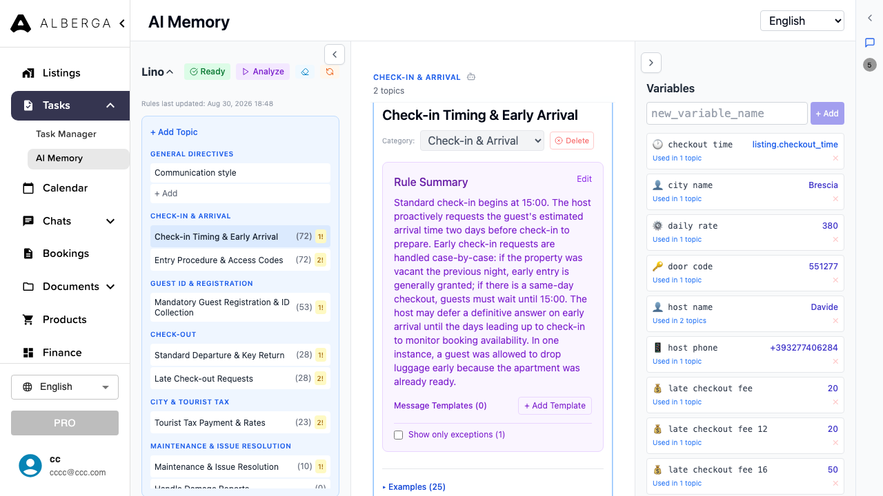 The AI Memory page with the topic list on the left, the Rule Summary with variable chips in the middle, and the Variables panel on the right