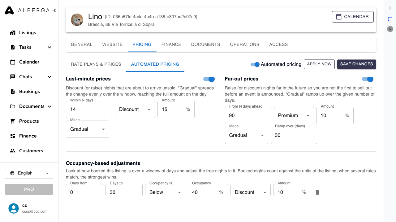The rules section of the Automated pricing panel: last-minute prices, far-out prices, occupancy-based adjustments and minimum stay
