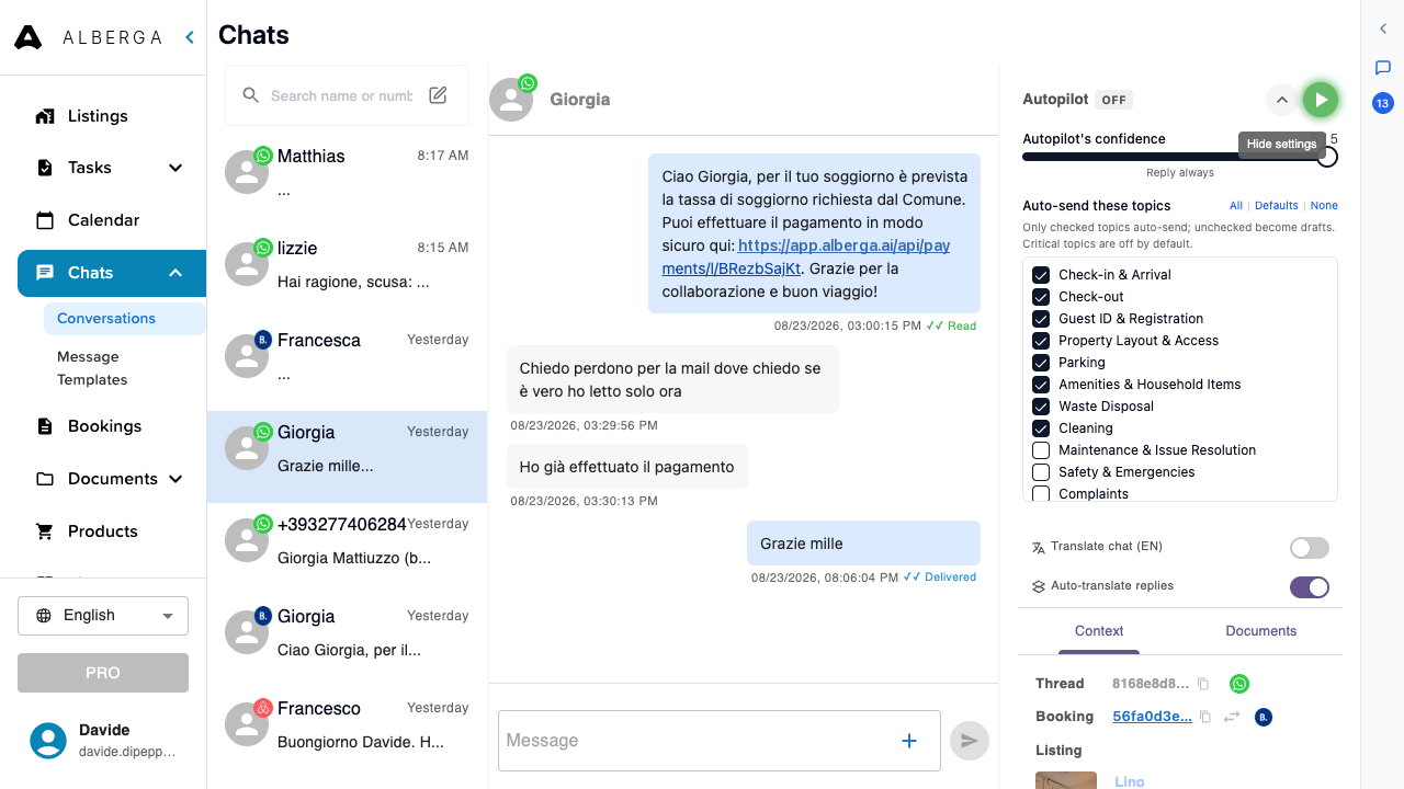 The autopilot settings panel with the confidence slider and the list of auto-send topics with checkboxes