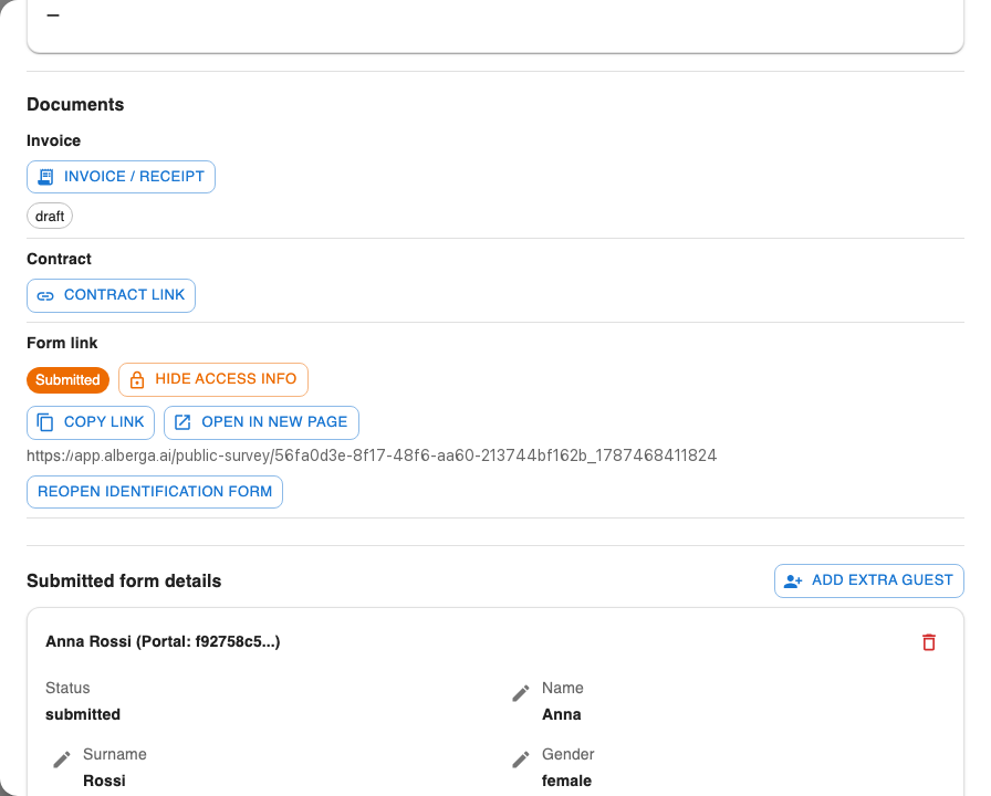 The Form link block of a booking with a Submitted badge, a Hide access info button, Copy link, Open in new page and Reopen identification form