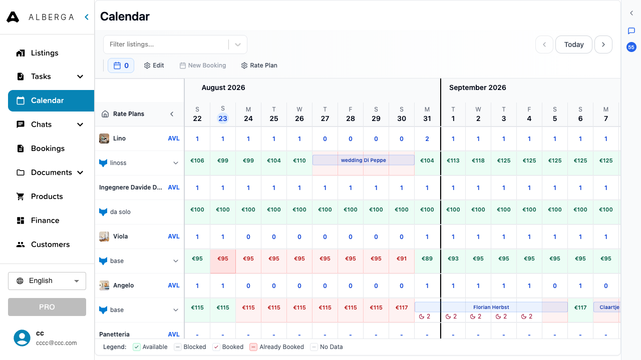 The calendar grid showing prices and availability per night for several listings, with bookings visible