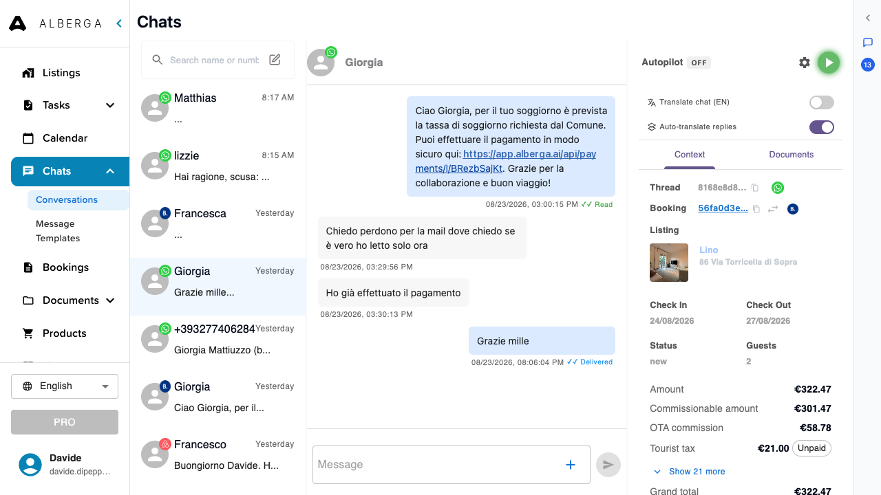 A conversation with the Autopilot pill, the on/off button and the settings gear at the top of the right sidebar