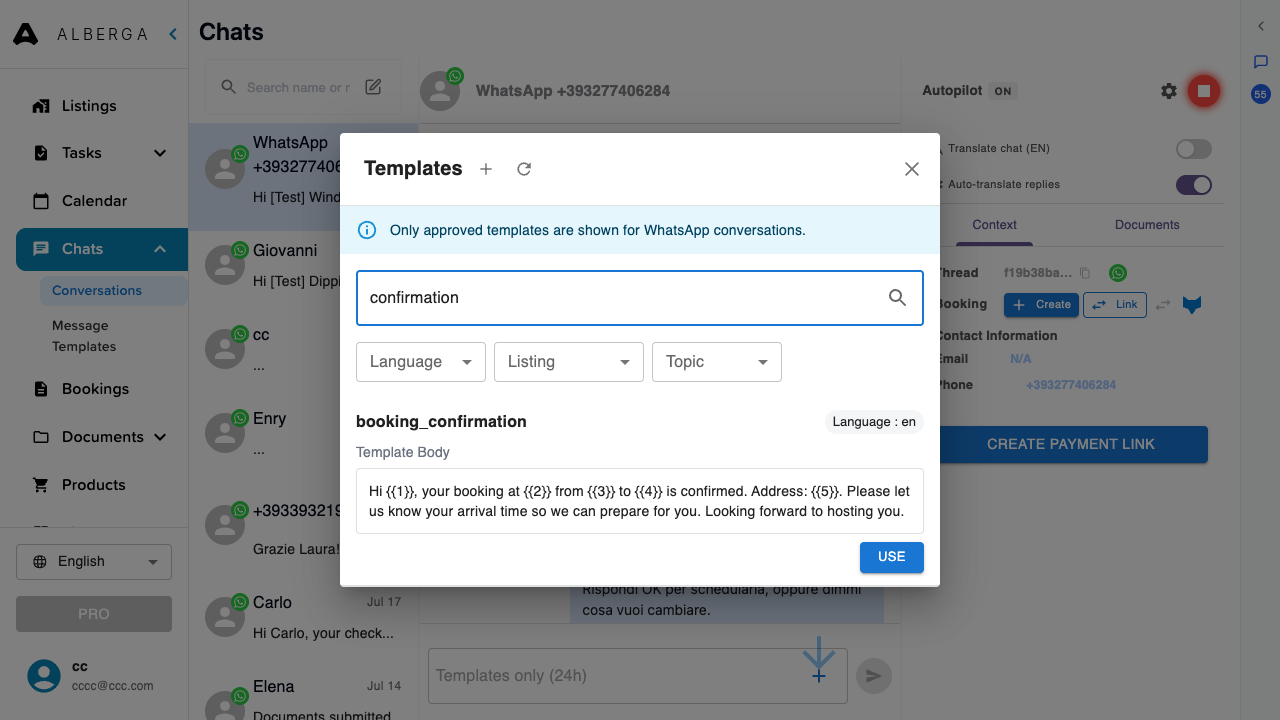 A conversation with the Templates dialog open: search field, filters and a booking confirmation template with its Use button; the composer below shows templates-only mode