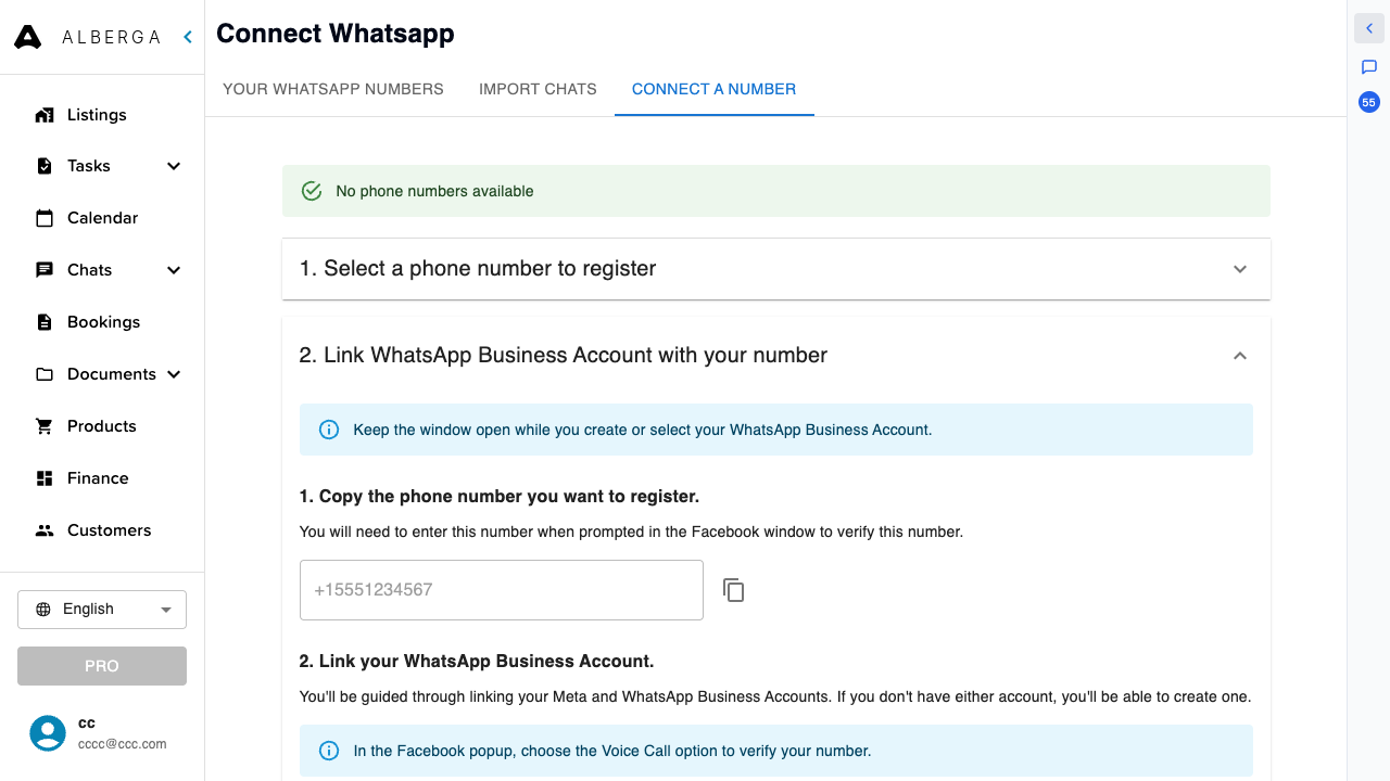 Step 2 of the Connect a number flow: copy the phone number and continue with Facebook to link the WhatsApp Business Account