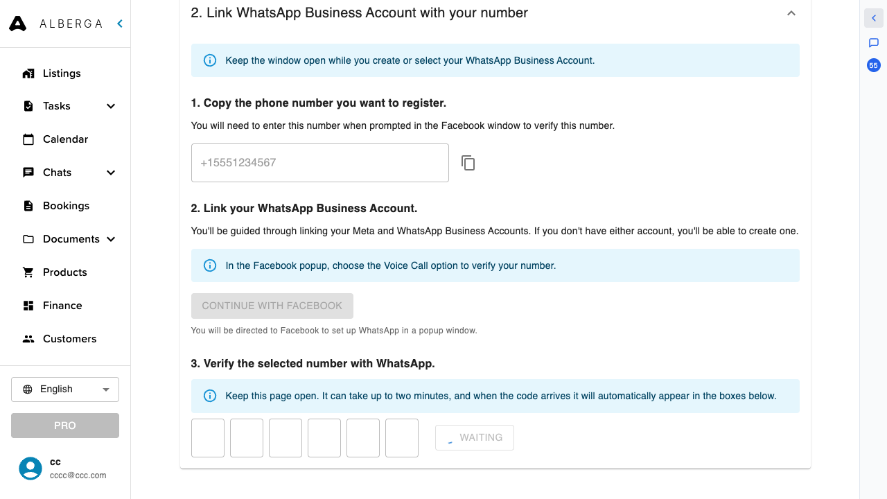 Step 3 of the Connect a number flow: the page waits for the WhatsApp verification code and fills it in automatically
