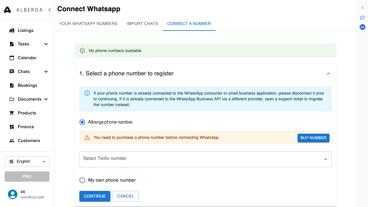 The Connect a number tab showing step 1 with the choice between a Alberga phone number and your own phone number