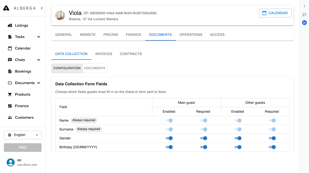 The Data Collection configuration showing per-field toggles for main guest and other guests