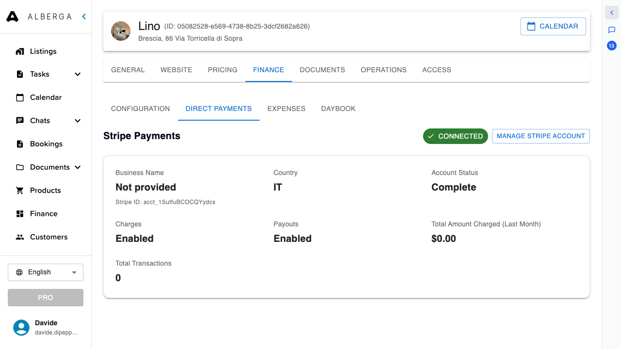 The Direct payments section showing a connected Stripe account with charges and payouts enabled