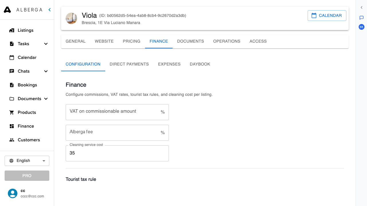 The listing Finance tab with the Configuration, Direct payments, Expenses and Daybook sections