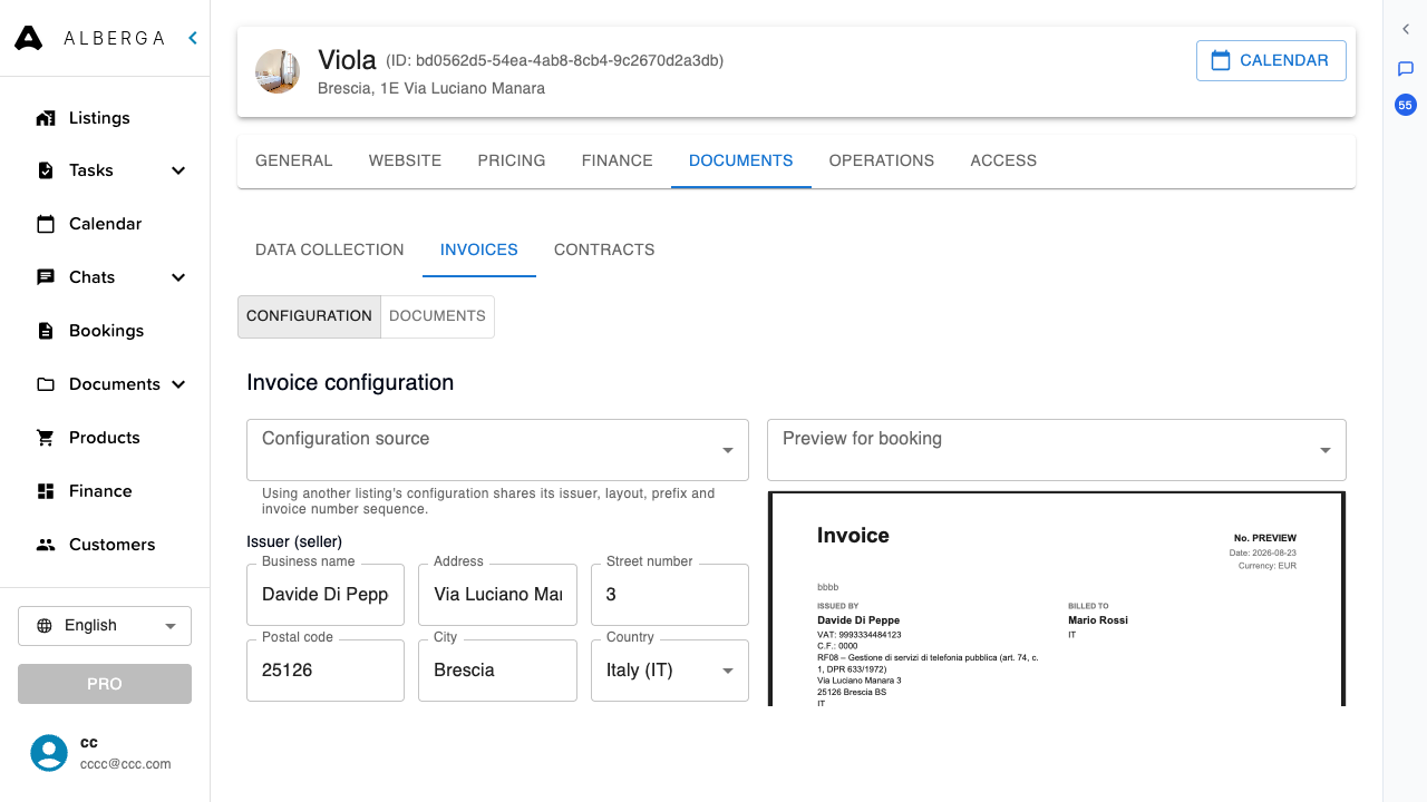 The invoice configuration page with issuer fields and a live document preview