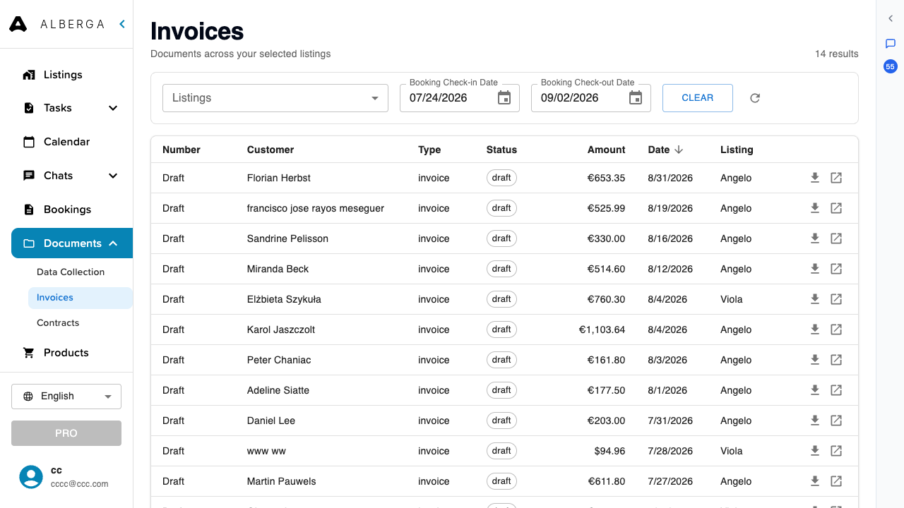 The Invoices page listing invoice drafts with customer, amount, date and listing columns