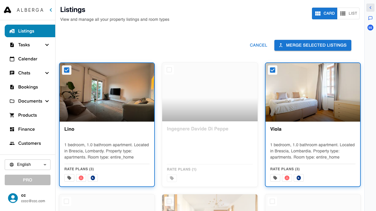 The Listings page in merge mode with two listings selected and the Merge Selected Listings button active