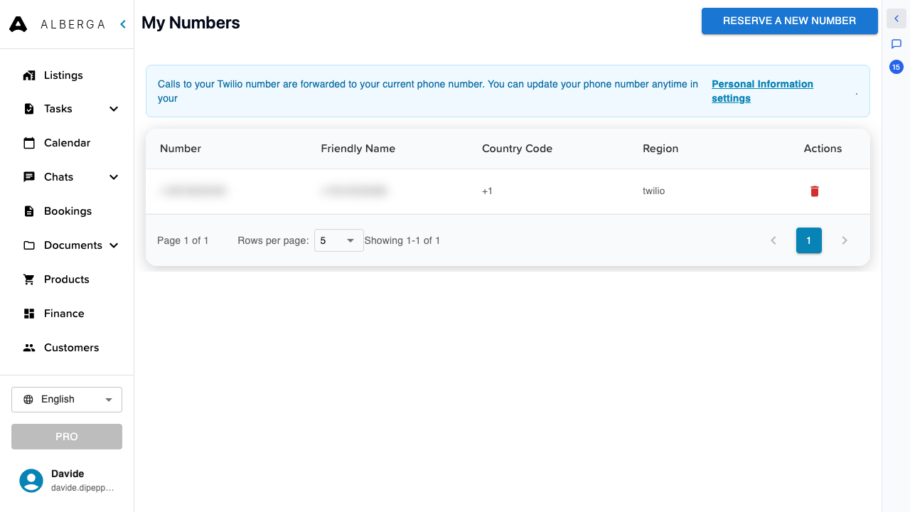 The My Numbers page with the numbers table, the call-forwarding notice and the Reserve a new number button