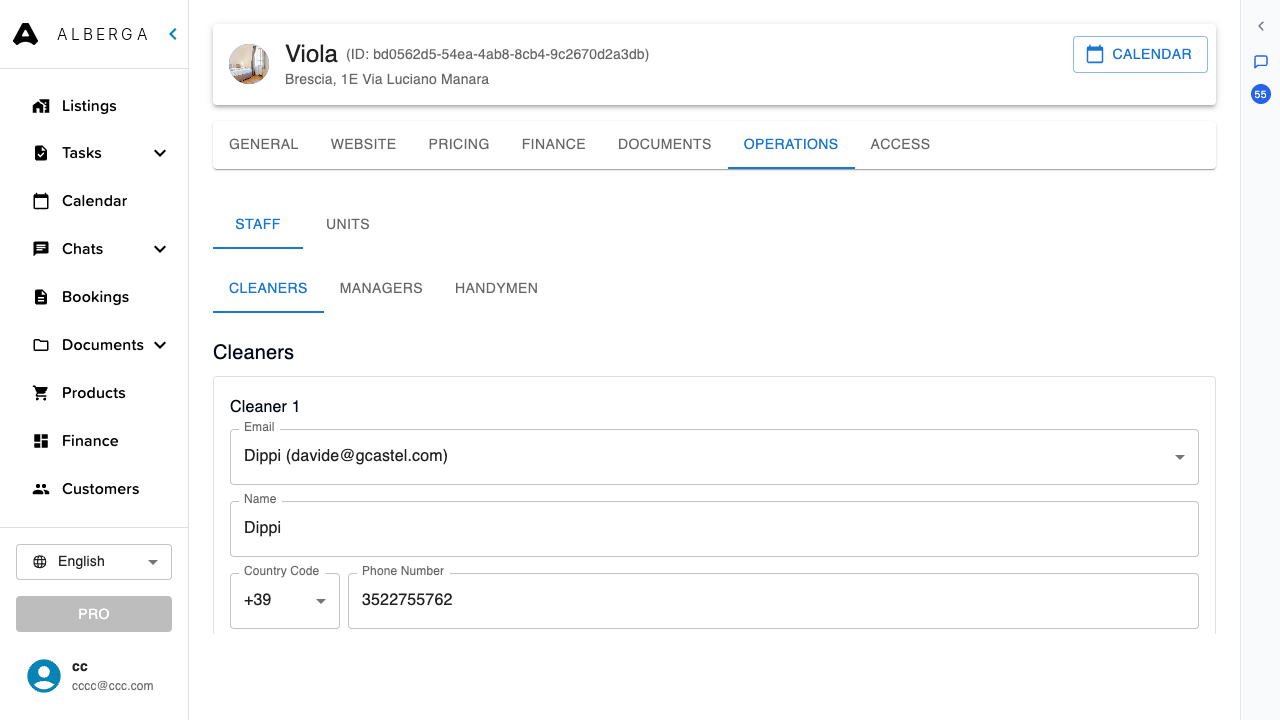 The Staff section of the Operations tab with the cleaner’s email picker, name and phone number fields