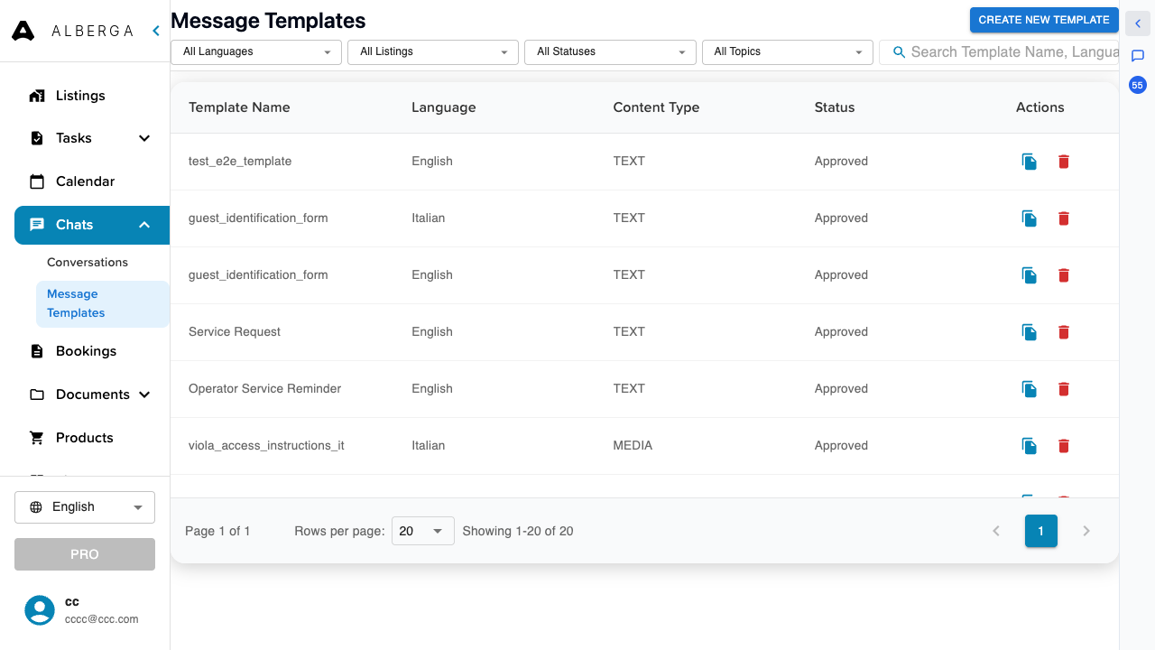 The Message Templates page with the template table and its language, content type and status columns