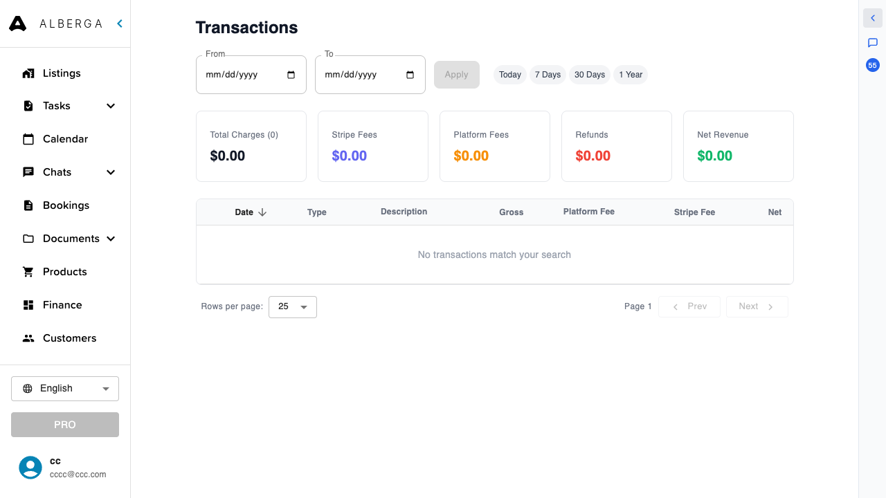 The Transactions page with date filters and five summary cards for charges, Stripe fees, platform fees, refunds and net revenue
