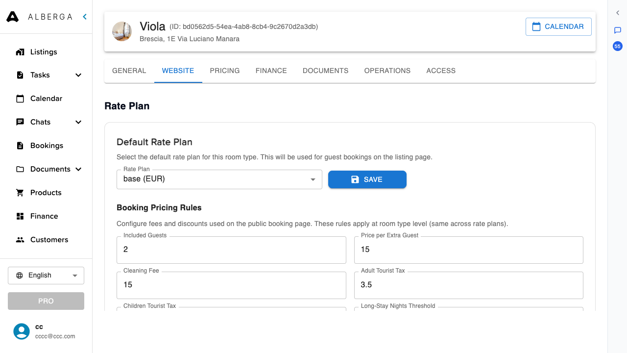 The Website tab of a listing with default rate plan selection and booking pricing rules