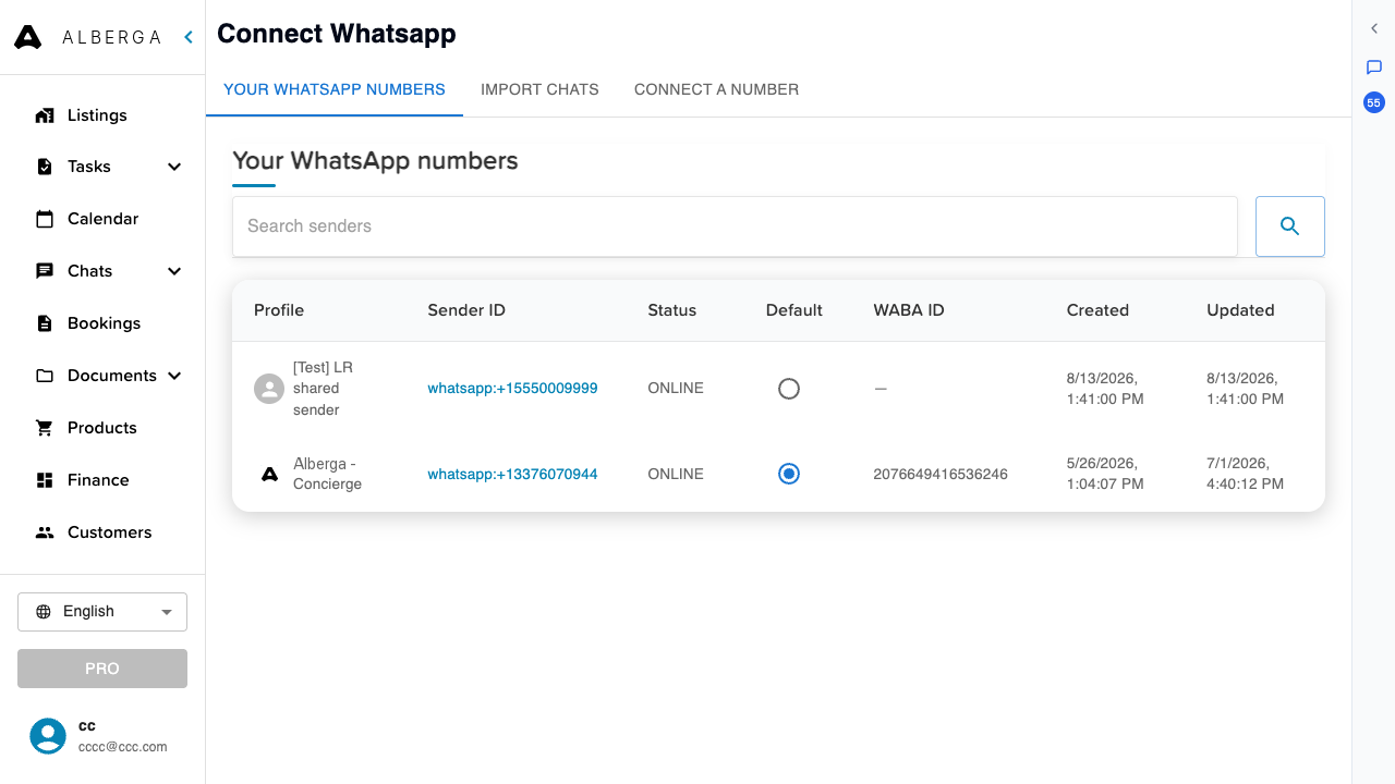 The WhatsApp senders page listing a shared sender and a dedicated number, with tabs for importing chats and connecting a number